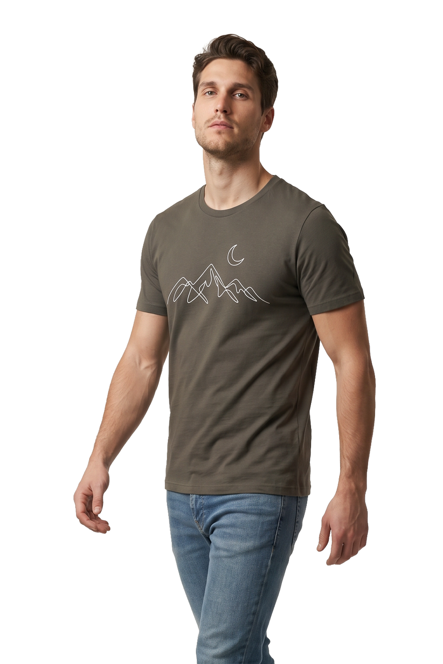Night Ridge mountain line art tailored fit t-shirt in army, studio catalog photo, MOEBEER UK #Army
