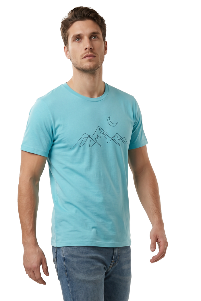 Night Ridge mountain line art tailored fit t-shirt in turquoise, studio catalog photo, MOEBEER UK