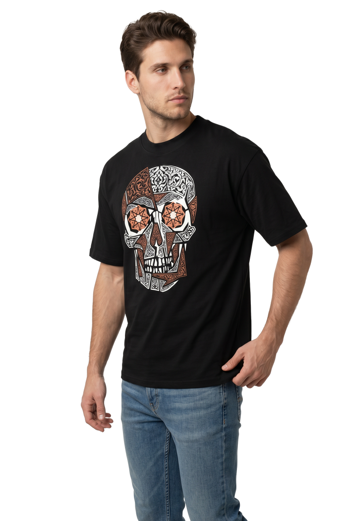 Skull defiance art oversized t-shirt in black, studio catalog photo, MOEBEER UK
