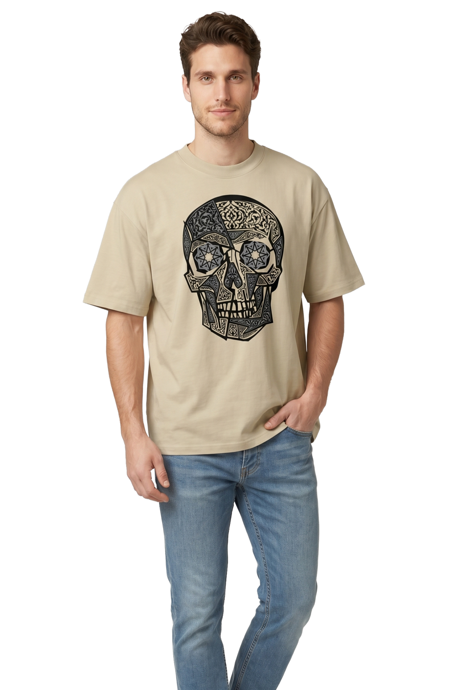 Skull defiance art oversized t-shirt in stone, studio catalog photo, MOEBEER UK #Stone