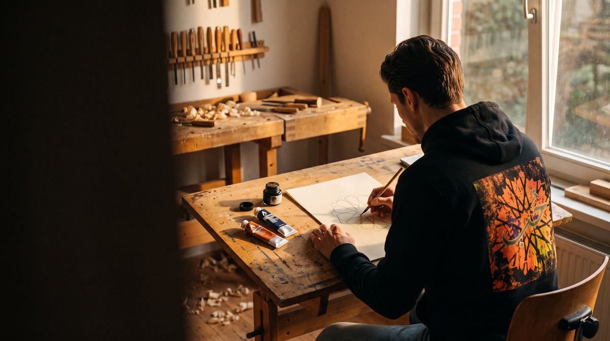 The MOEBEER workshop - sketching a geometric medallion in the HUB Arabic calligraphy hoodie