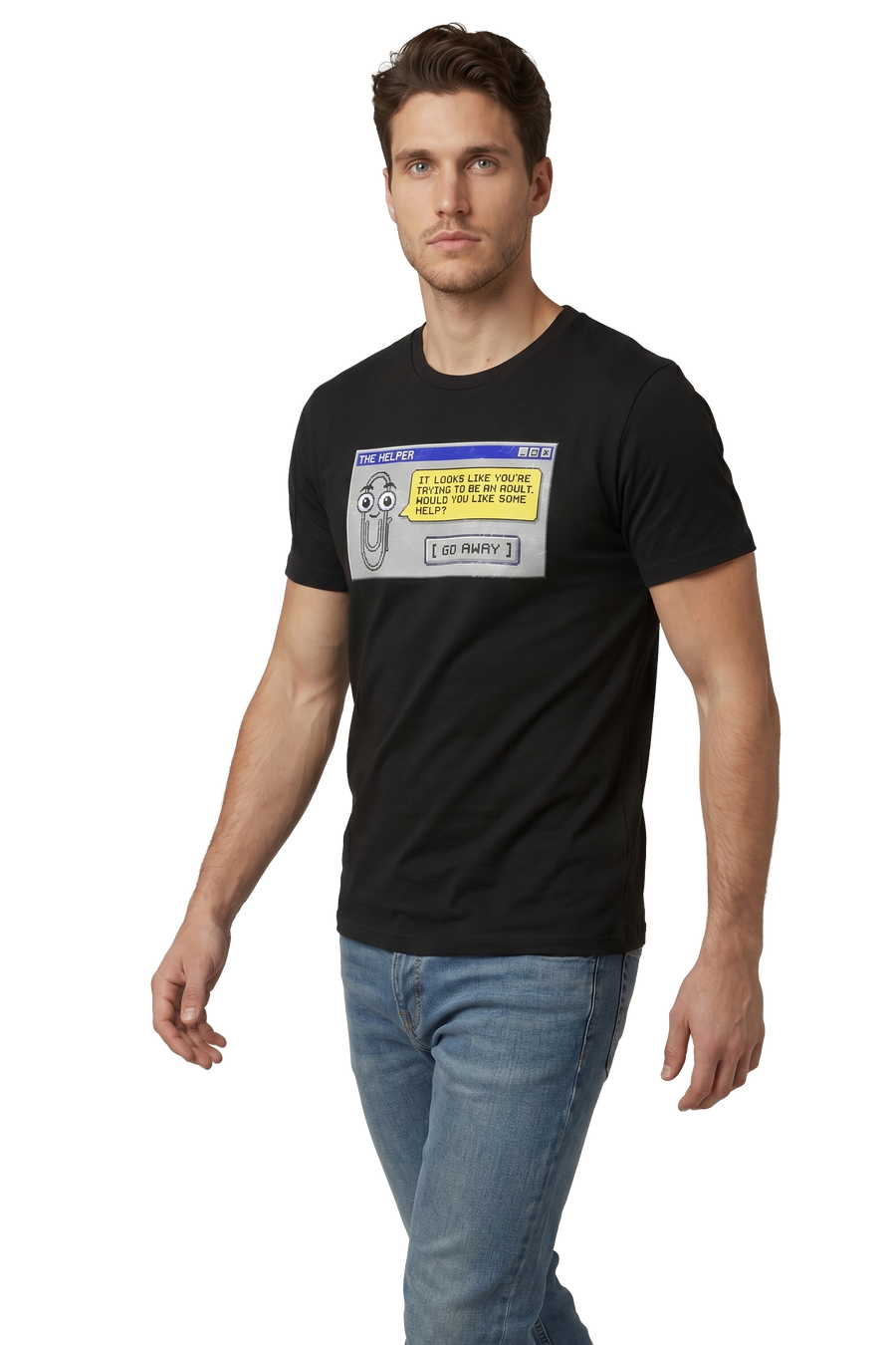 Retro Assistant paperclip dialog tailored fit t-shirt in black, studio catalog photo, MOEBEER UK #Black
