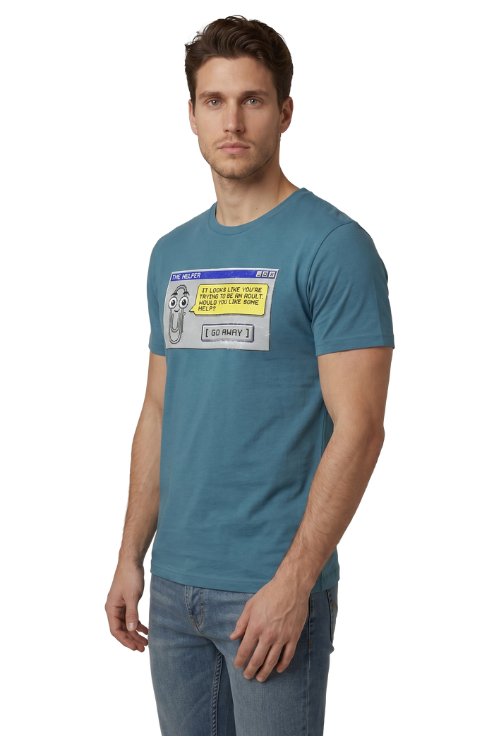 Retro Assistant paperclip dialog tailored fit t-shirt in heather deep teal, studio catalog photo, MOEBEER UK