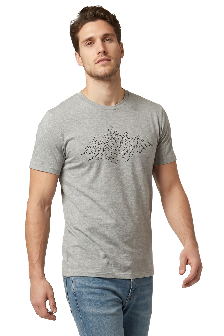Summit Line mountain line art tailored fit t-shirt in athletic heather, studio catalog photo, MOEBEER UK #Athletic Heather