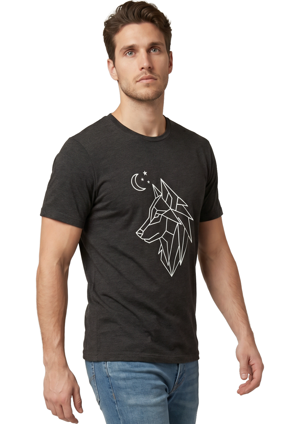 Alpha geometric wolf line art tailored fit t-shirt in dark grey heather, studio catalog photo, MOEBEER UK #Dark Grey Heather
