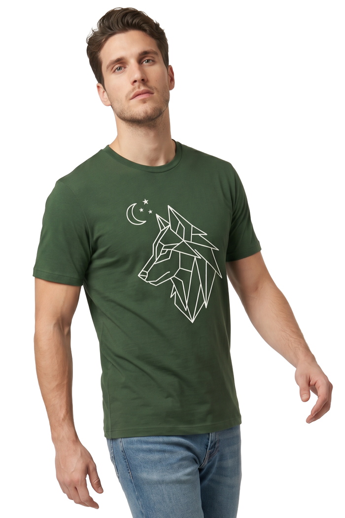 Alpha geometric wolf line art tailored fit t-shirt in heather forest, studio catalog photo, MOEBEER UK