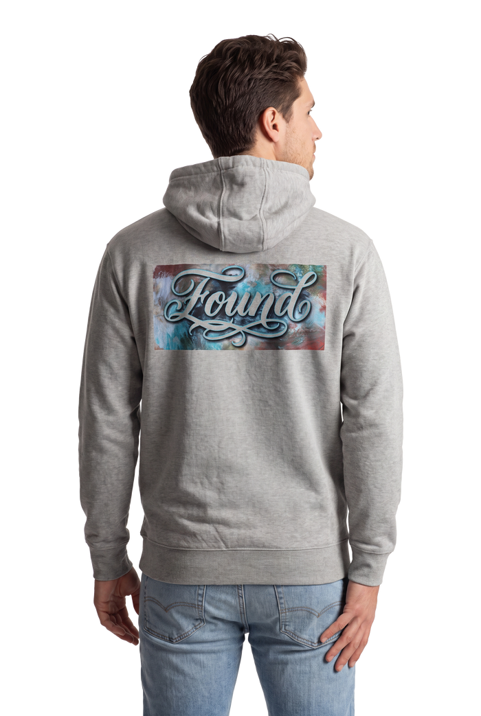 Found typography watercolour art hoodie in carbon grey, studio catalog photo, MOEBEER UK