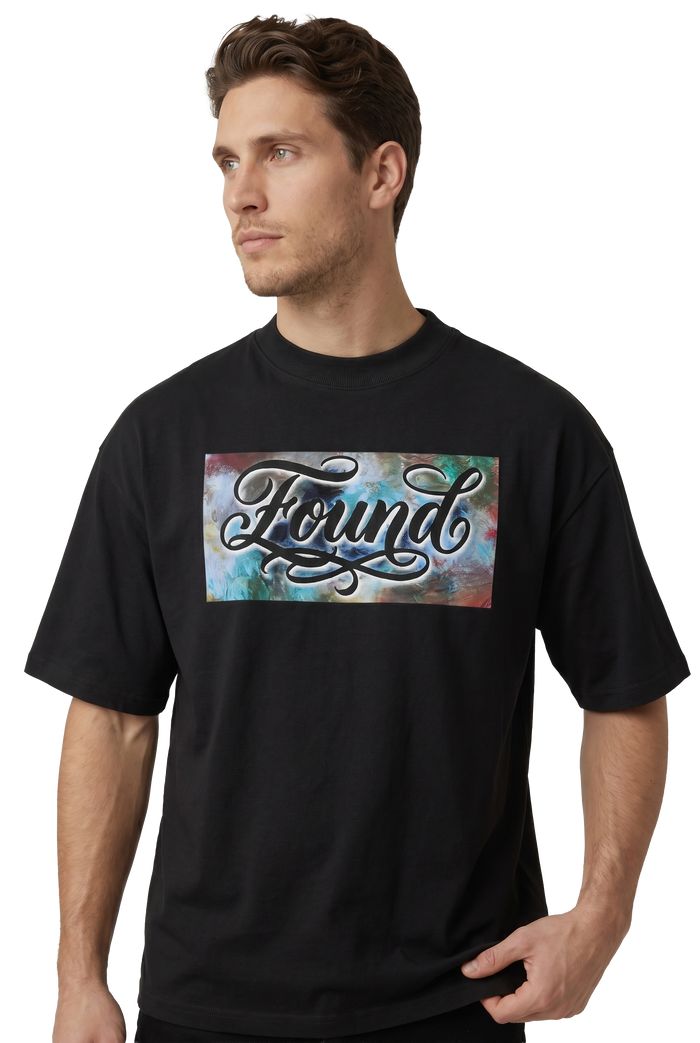Found typography watercolour art oversized t-shirt in black, studio catalog photo, MOEBEER UK