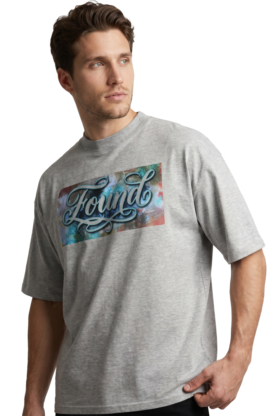 Found typography watercolour art oversized t-shirt in heather grey, studio catalog photo, MOEBEER UK #Heather Grey