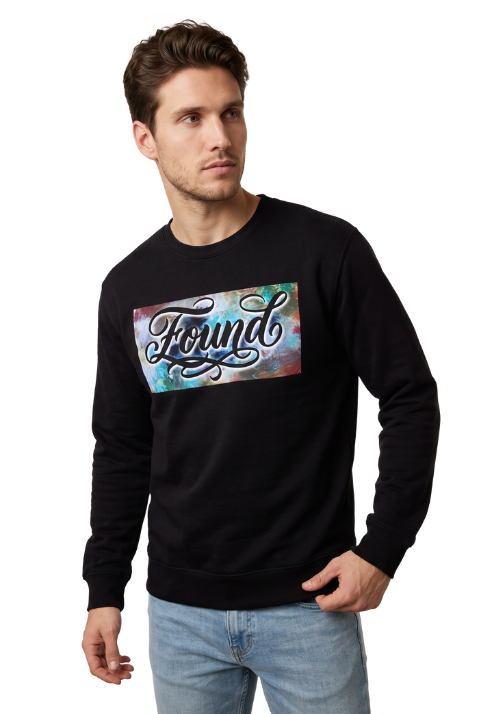 Found typography watercolour art sweatshirt in black, studio catalog photo, MOEBEER UK