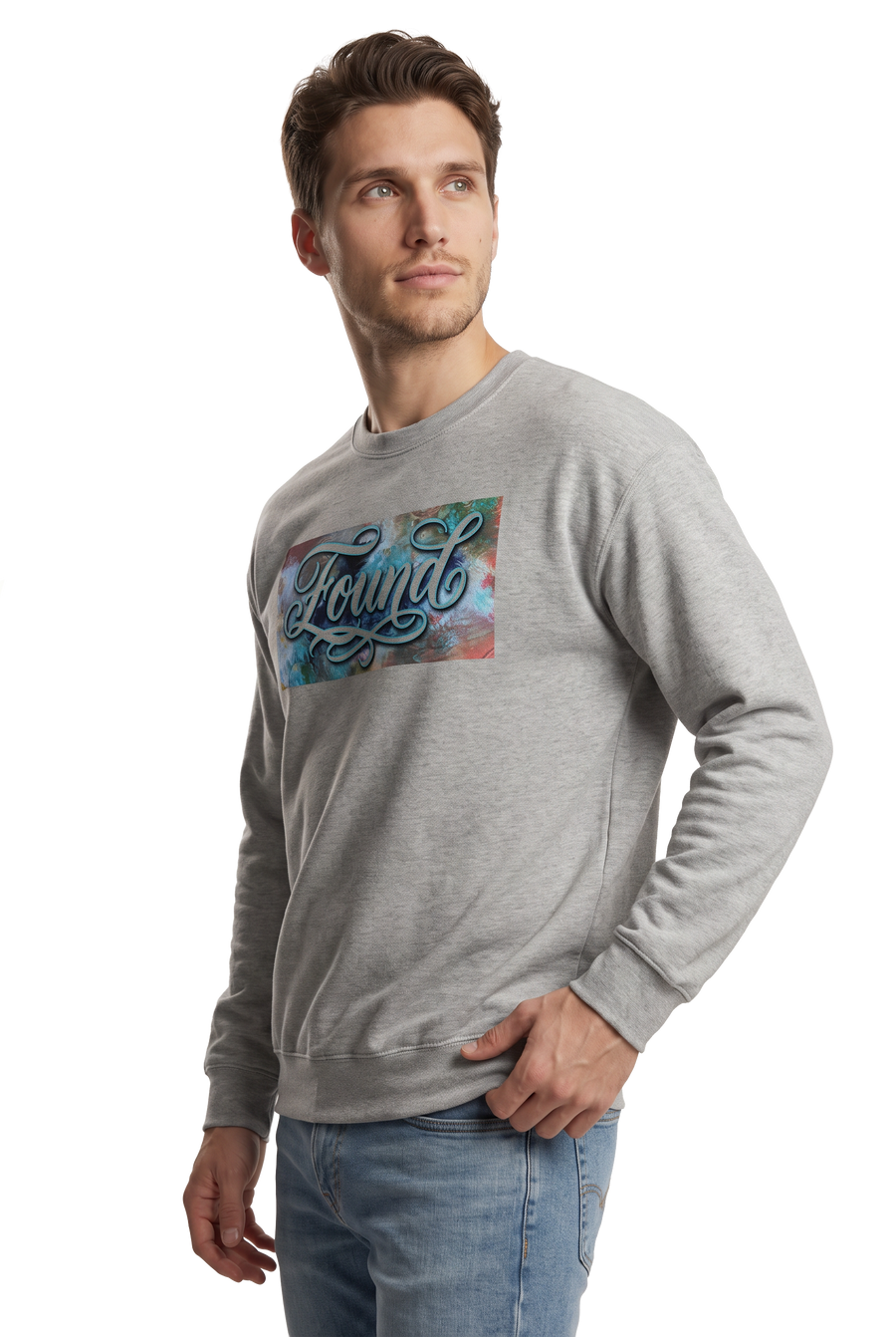 Found typography watercolour art sweatshirt in carbon grey, studio catalog photo, MOEBEER UK #Carbon Grey