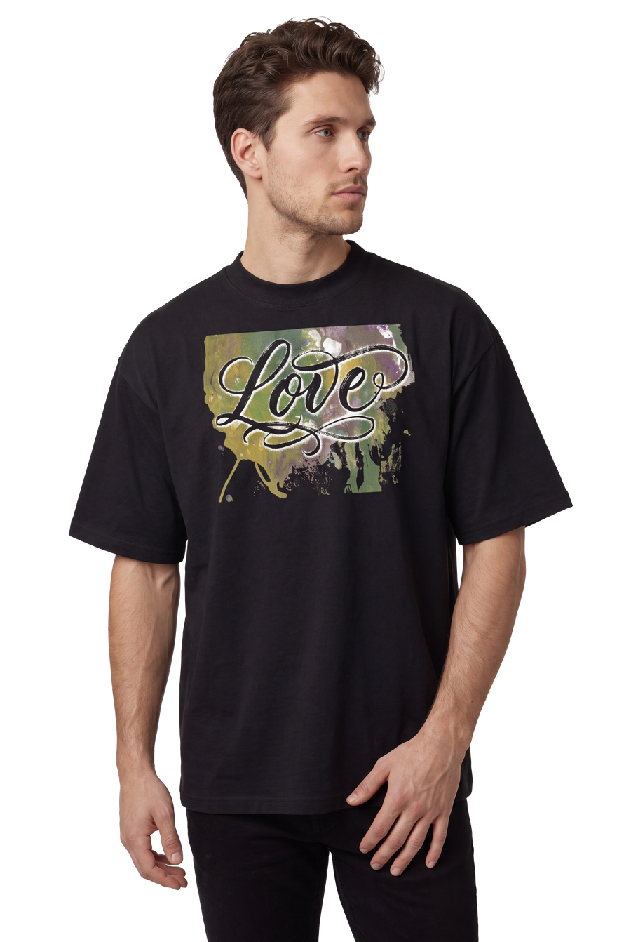Love typography watercolour art oversized t-shirt in black, studio catalog photo, MOEBEER UK #Black