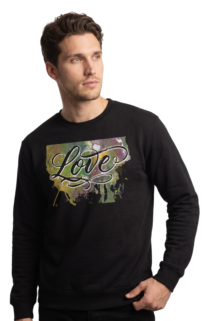 Love typography watercolour art sweatshirt in black, studio catalog photo, MOEBEER UK