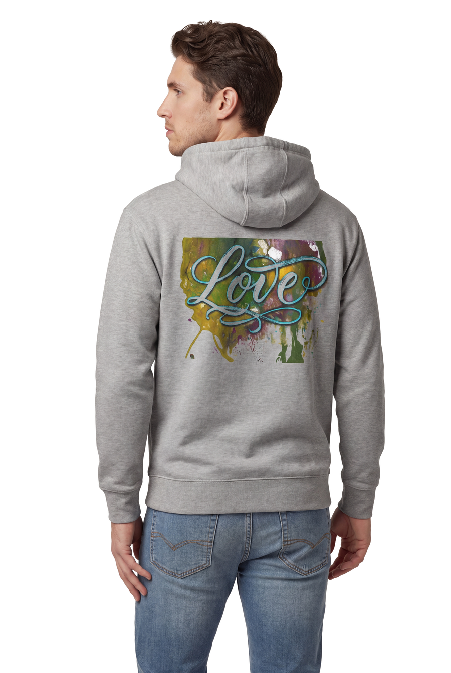 Love typography watercolour art hoodie in carbon grey, studio catalog photo, MOEBEER UK #Carbon Grey