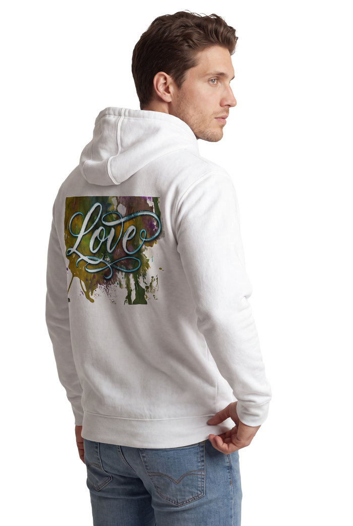 Love typography watercolour art hoodie in white, studio catalog photo, MOEBEER UK