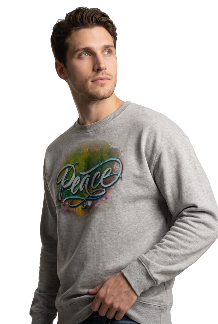 Peace typography watercolour art sweatshirt in carbon grey, studio catalog photo, MOEBEER UK