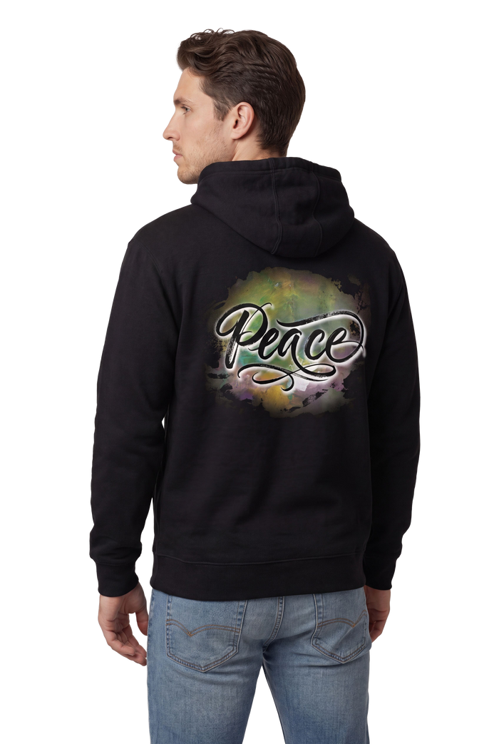 Peace typography watercolour art hoodie in black, studio catalog photo, MOEBEER UK