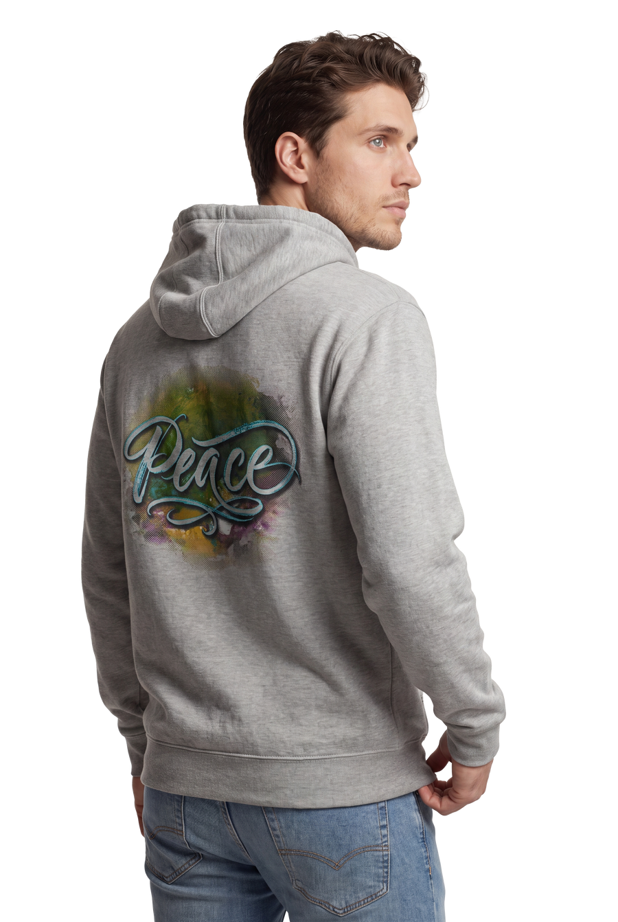 Peace typography watercolour art hoodie in carbon grey, studio catalog photo, MOEBEER UK #Carbon Grey