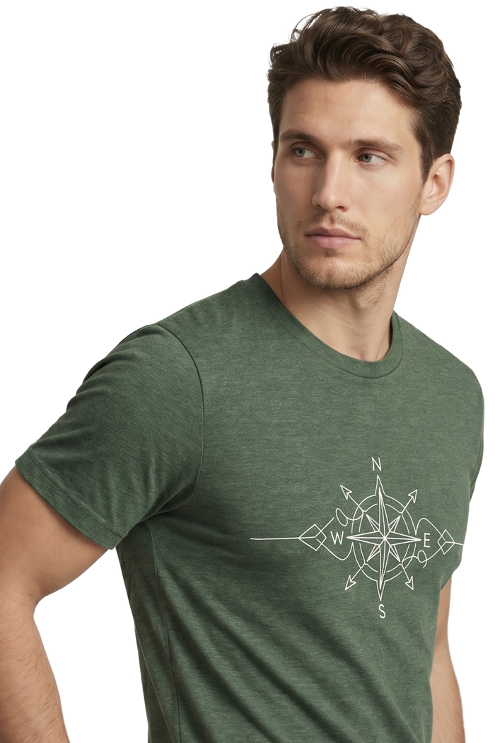 True North compass line art tailored fit t-shirt in heather forest, studio catalog photo, MOEBEER UK