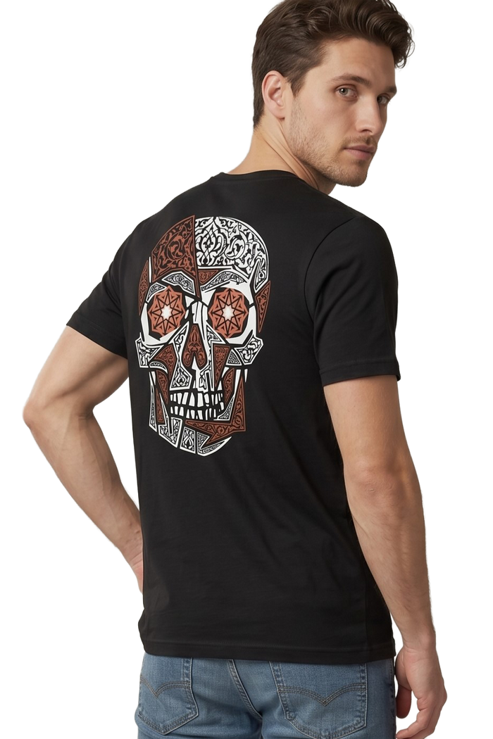 Skull art back print tailored fit t-shirt in black, studio catalog photo, MOEBEER UK