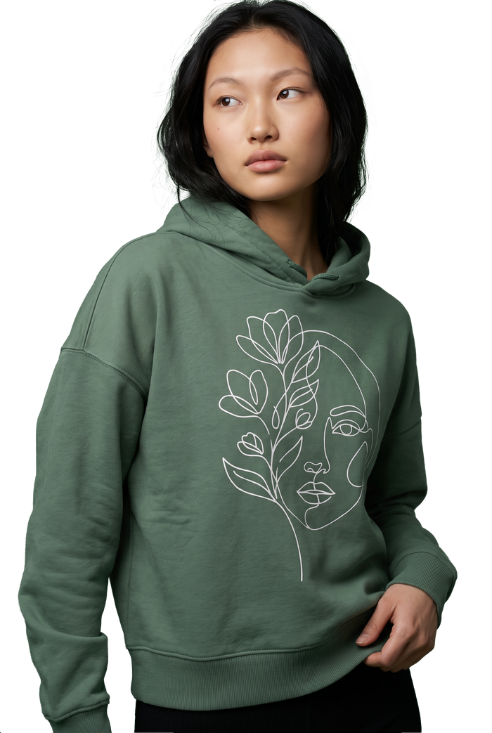 Women's floral face line art hoodie in green bay, studio catalog photo, MOEBEER UK