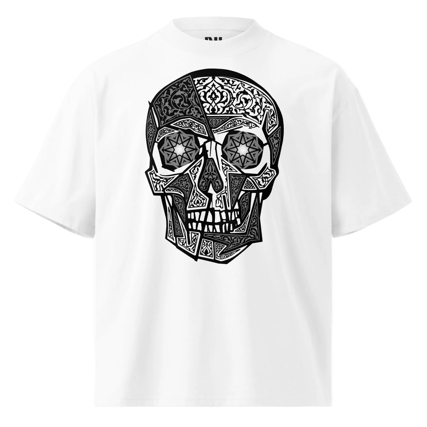 White t-shirt with a black skull design on a white background #white