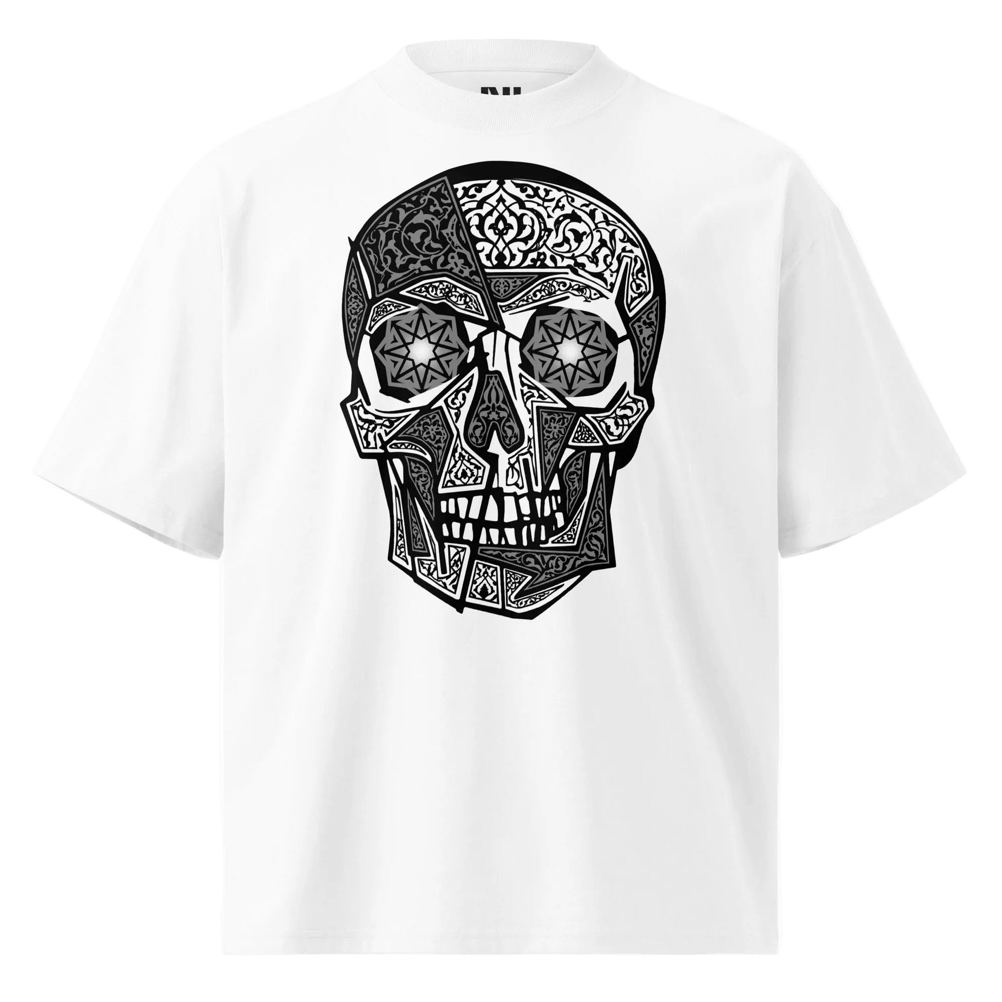 White t-shirt with a black skull design on a white background #white