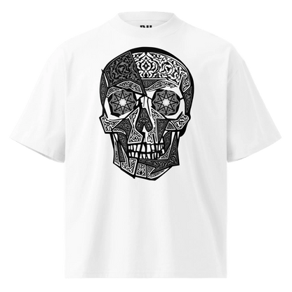 White t-shirt with a black skull design on a white background #white