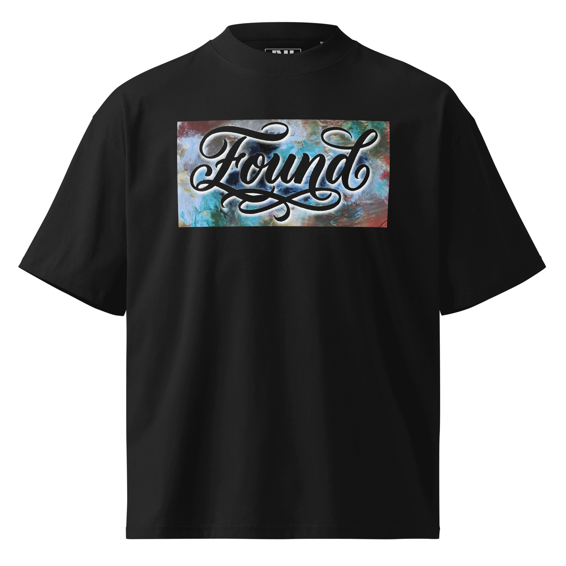  Black oversized MOEBEER t-shirt featuring "Found" script over a colorful abstract paint design #Black