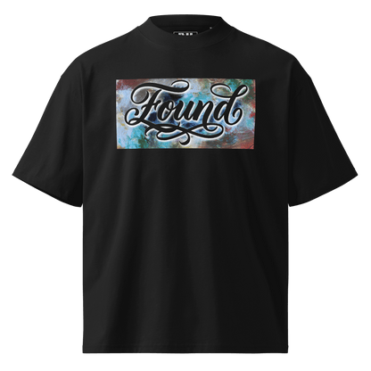  Black oversized MOEBEER t-shirt featuring "Found" script over a colorful abstract paint design #Black