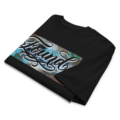  Black oversized MOEBEER t-shirt featuring "Found" script over a colorful abstract paint design #Black