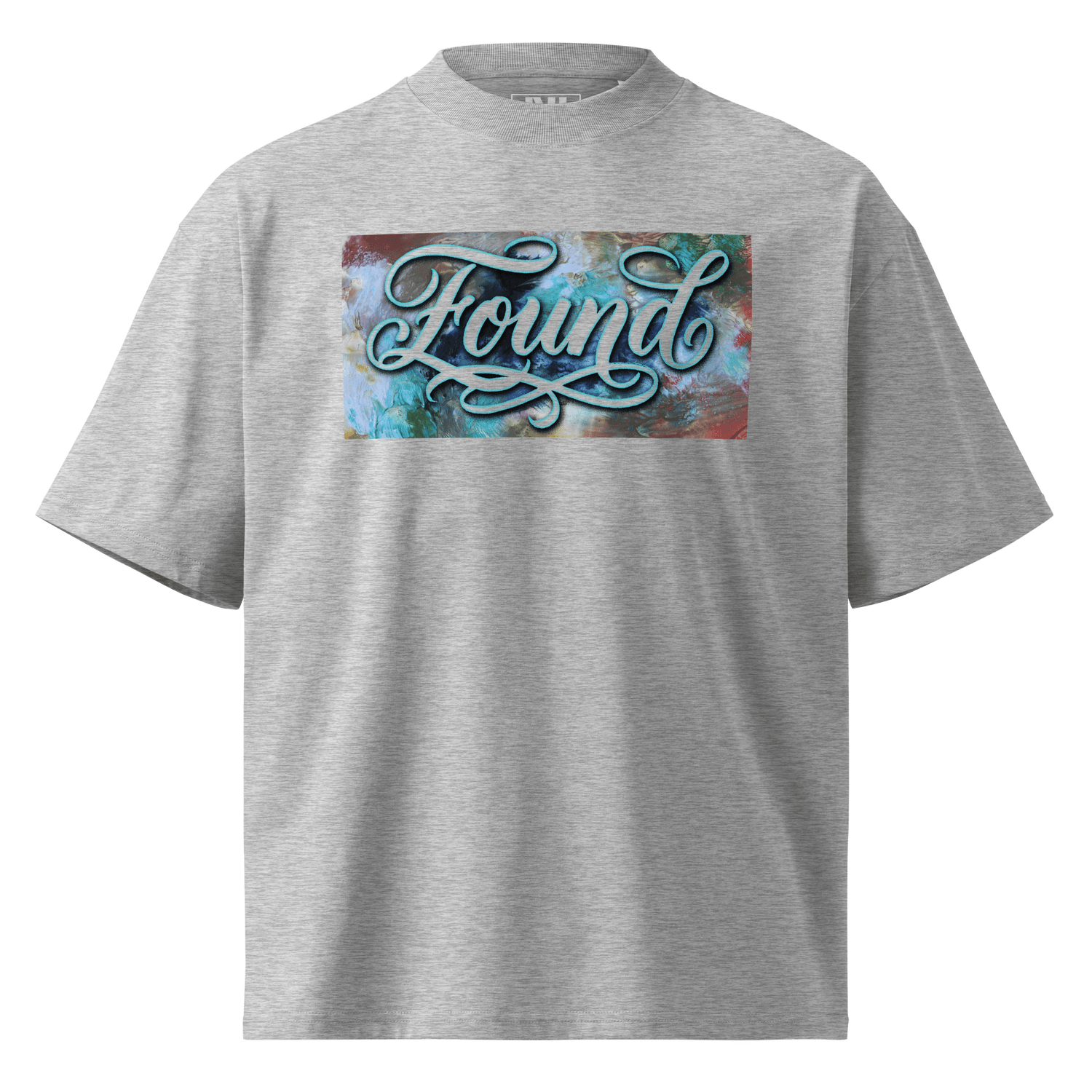  Heather Grey oversized MOEBEER t-shirt featuring "Found" script over a colorful abstract paint design #Heather Grey