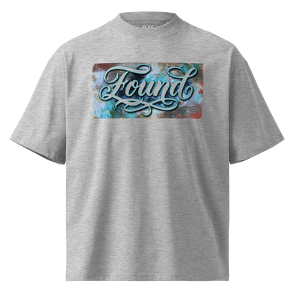  Heather Grey oversized MOEBEER t-shirt featuring "Found" script over a colorful abstract paint design #Heather Grey