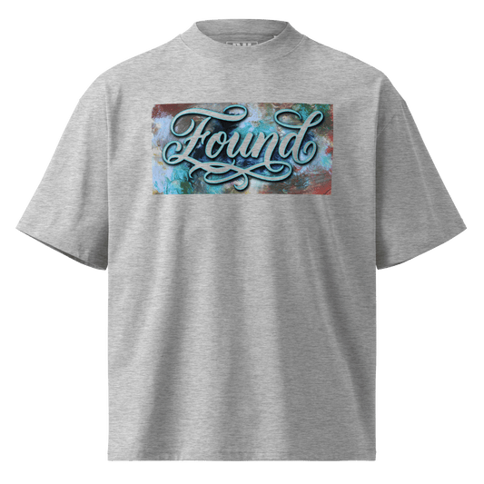  Heather Grey oversized MOEBEER t-shirt featuring "Found" script over a colorful abstract paint design #Heather Grey