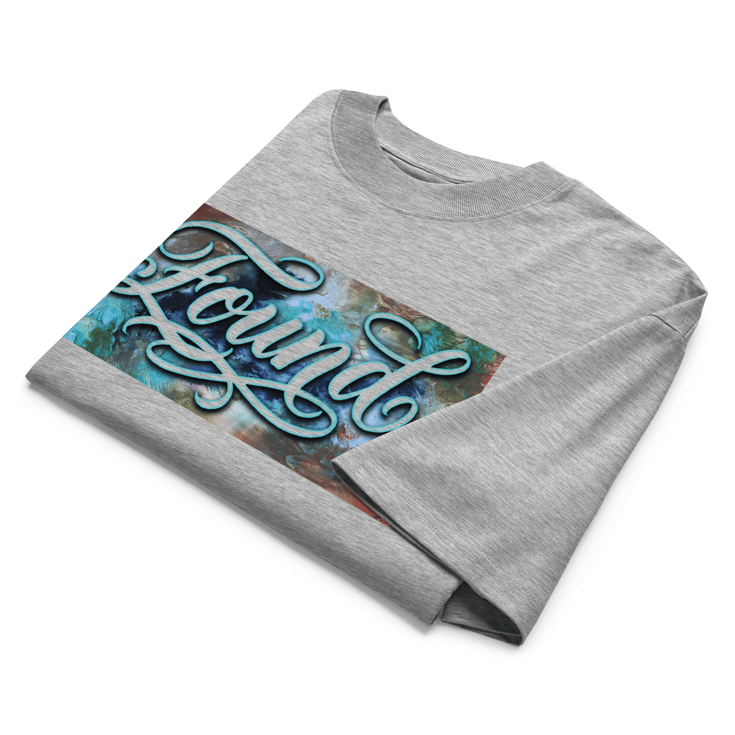  Heather Grey oversized MOEBEER t-shirt featuring "Found" script over a colorful abstract paint design #Heather Grey