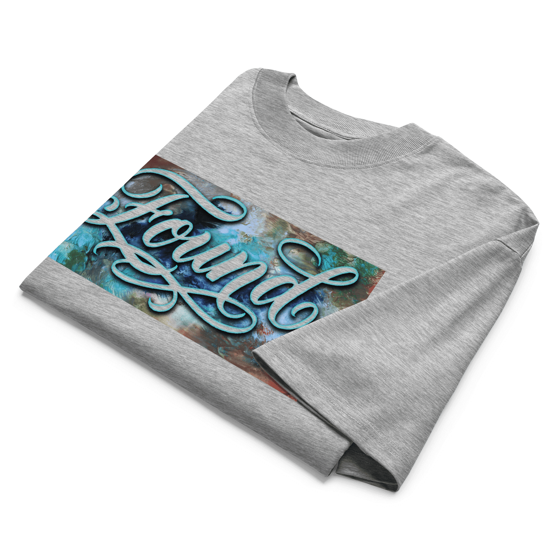  Heather Grey oversized MOEBEER t-shirt featuring "Found" script over a colorful abstract paint design #Heather Grey
