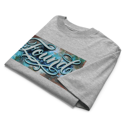  Heather Grey oversized MOEBEER t-shirt featuring "Found" script over a colorful abstract paint design #Heather Grey