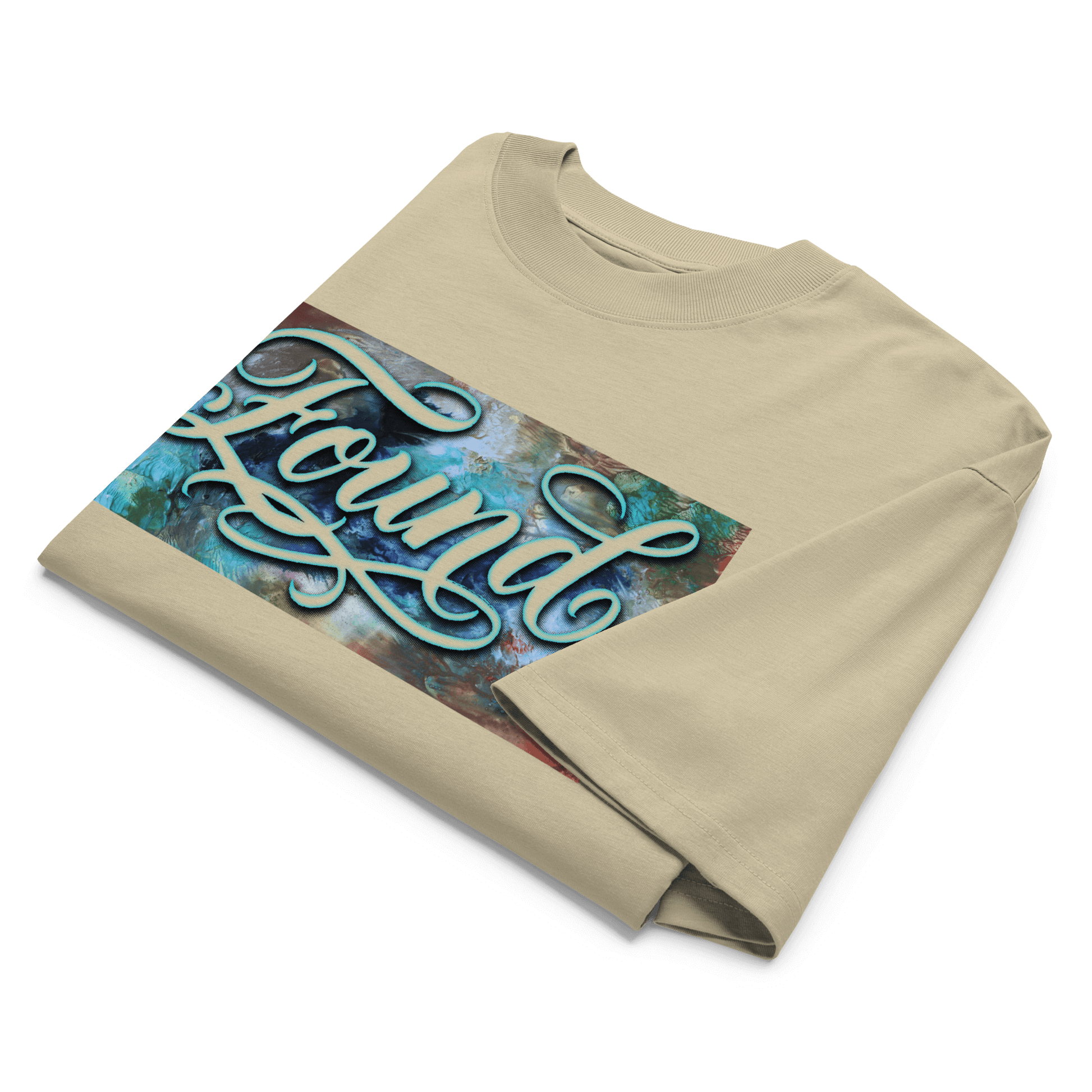  Stone oversized MOEBEER t-shirt featuring "Found" script over a colorful abstract paint design #Stone