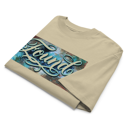  Stone oversized MOEBEER t-shirt featuring "Found" script over a colorful abstract paint design #Stone