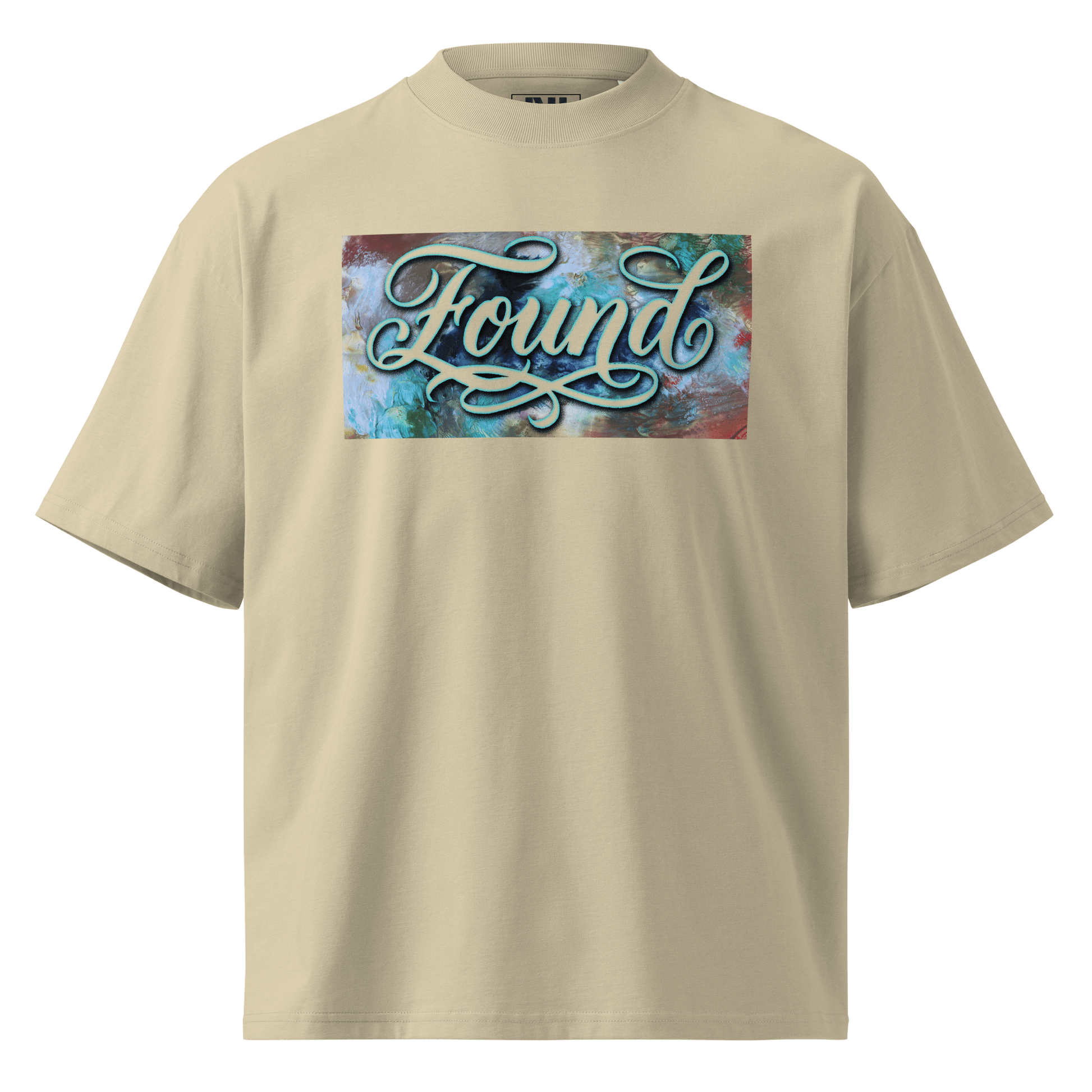  Stone oversized MOEBEER t-shirt featuring "Found" script over a colorful abstract paint design #Stone