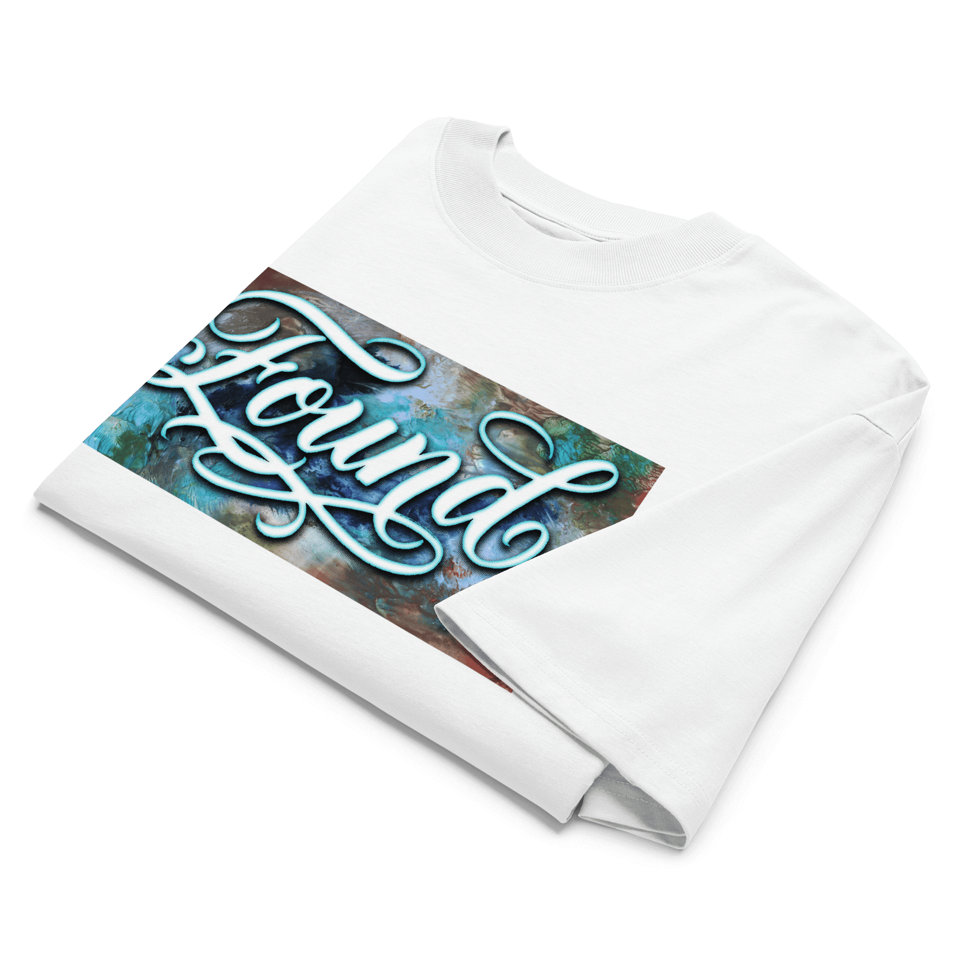 White oversized MOEBEER t-shirt featuring "Found" script over a colorful abstract paint design #White