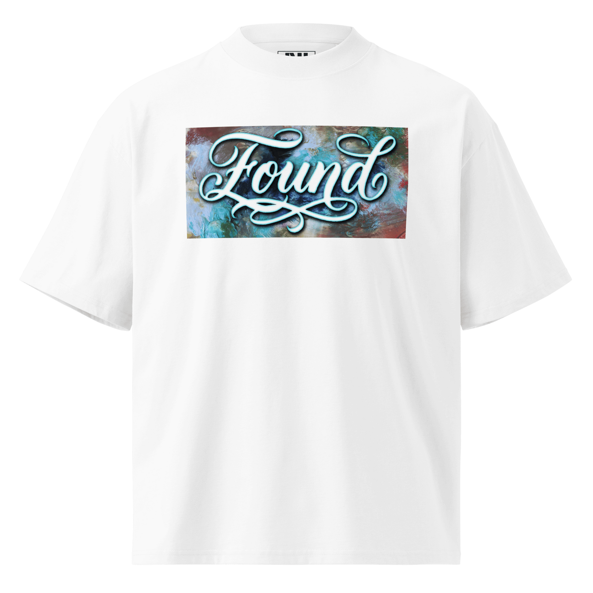 White  oversized MOEBEER t-shirt featuring "Found" script over a colorful abstract paint design #White