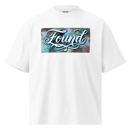 White  oversized MOEBEER t-shirt featuring "Found" script over a colorful abstract paint design #White