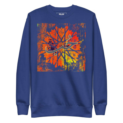 Blue  sweatshirt MOEBEER featuring colorful abstract art and Hub "love" Arabic calligraphy. #Team Royal