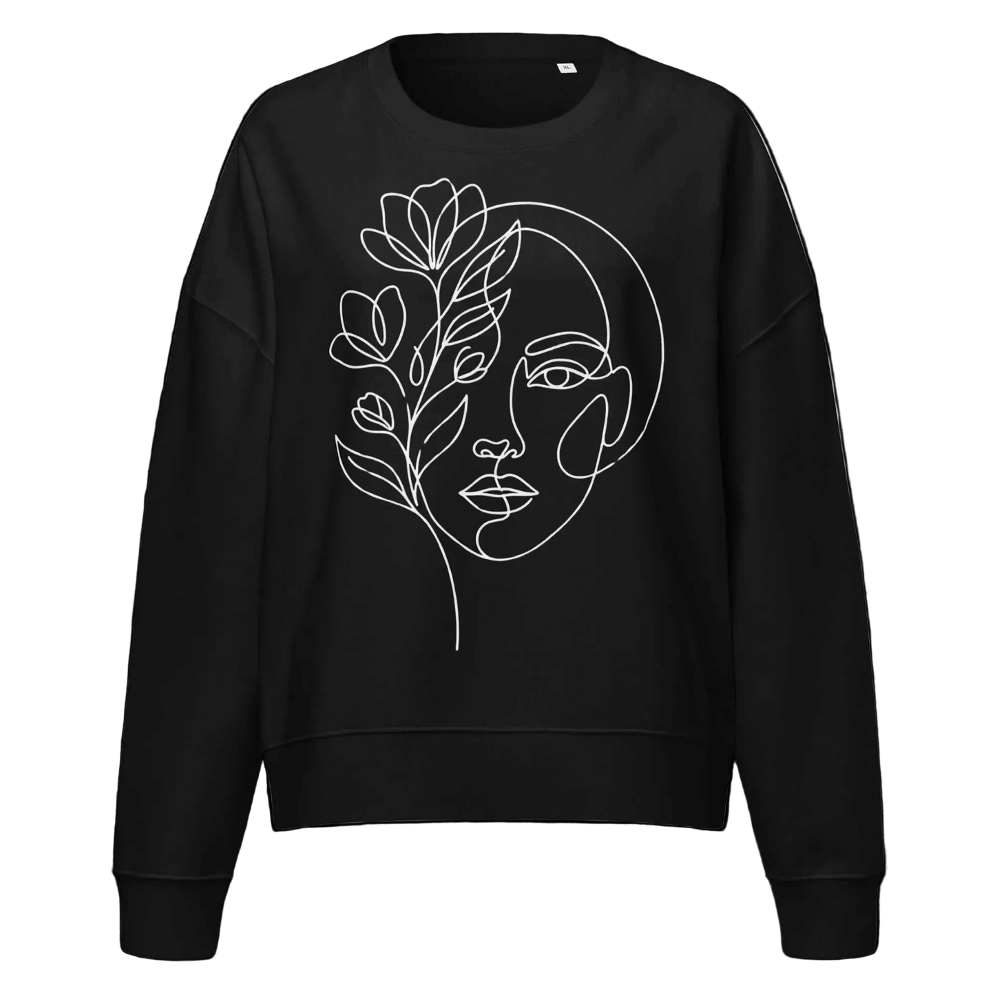 Women's floral face line art organic cotton sweatshirt in black, dropped shoulder graphic sweatshirt by MOEBEER #Black