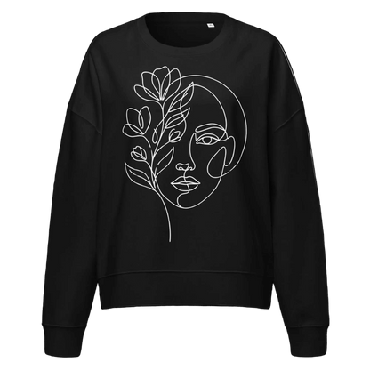 Women's floral face line art organic cotton sweatshirt in black, dropped shoulder graphic sweatshirt by MOEBEER #Black