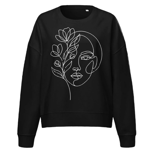 Women's floral face line art organic cotton sweatshirt in black, dropped shoulder graphic sweatshirt by MOEBEER #Black
