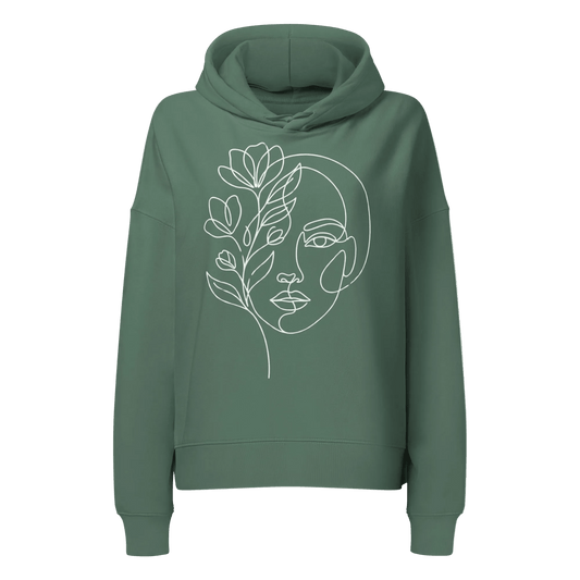 Women's floral face organic cotton hoodie in green, dropped shoulder graphic hoodie by MOEBEER #Green Bay